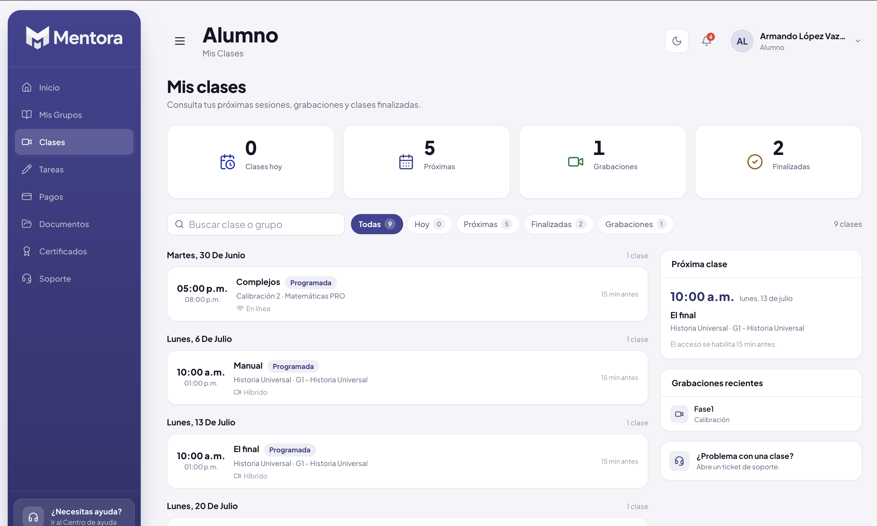 Panel real de alumno con calendario de clases y sesiones próximas