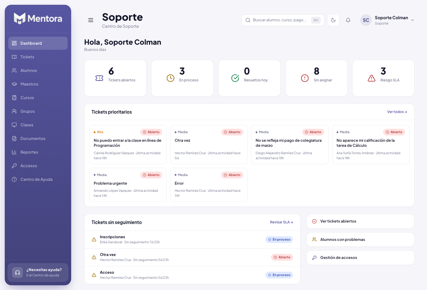Dashboard real de soporte con métricas y seguimiento de tickets