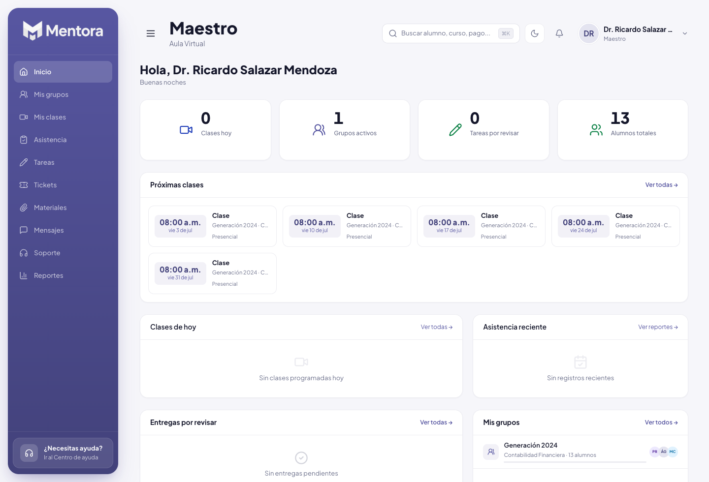 Dashboard real de maestro con próximas clases y actividad académica