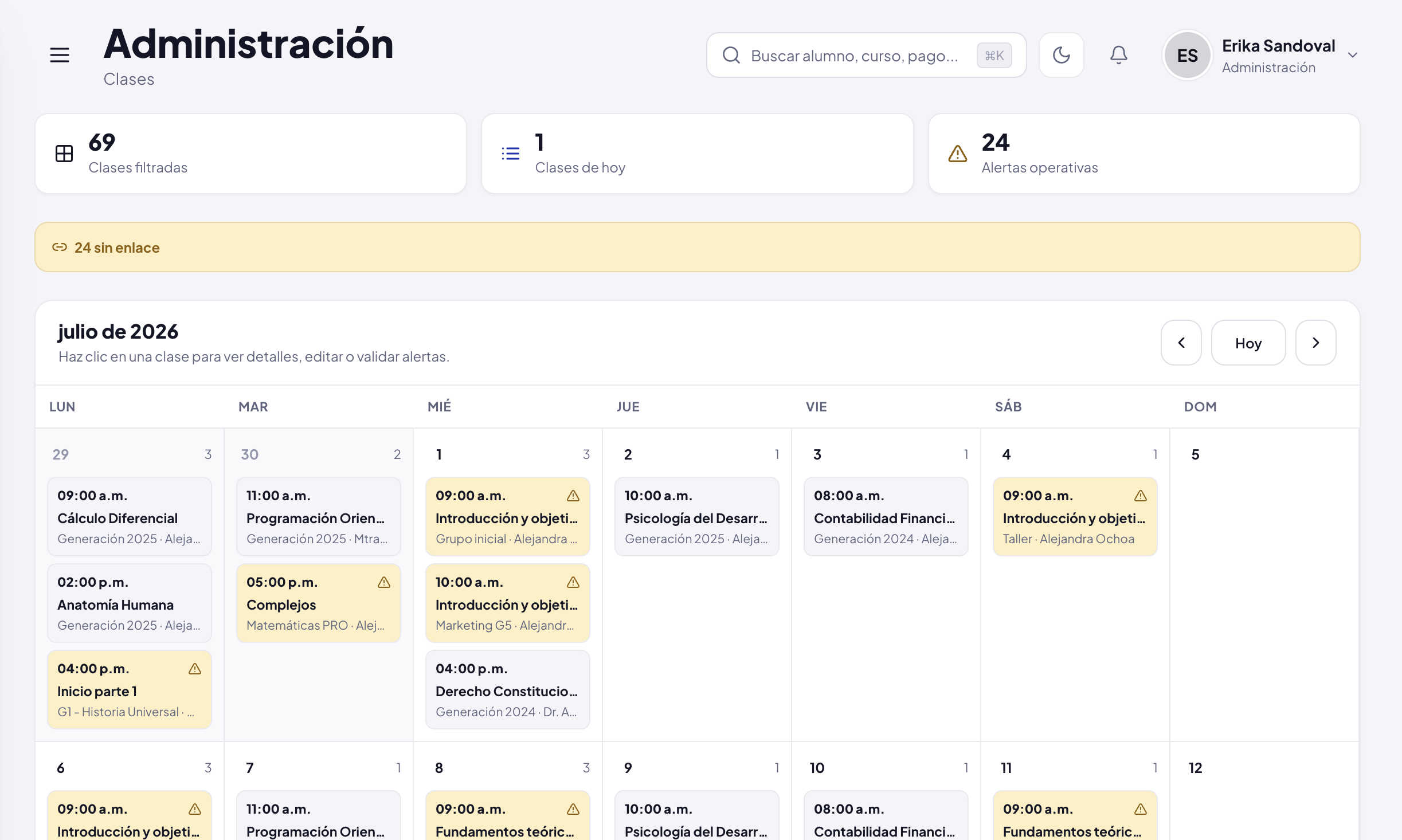 Vista real del calendario de clases del panel de administración de Campus Mentora